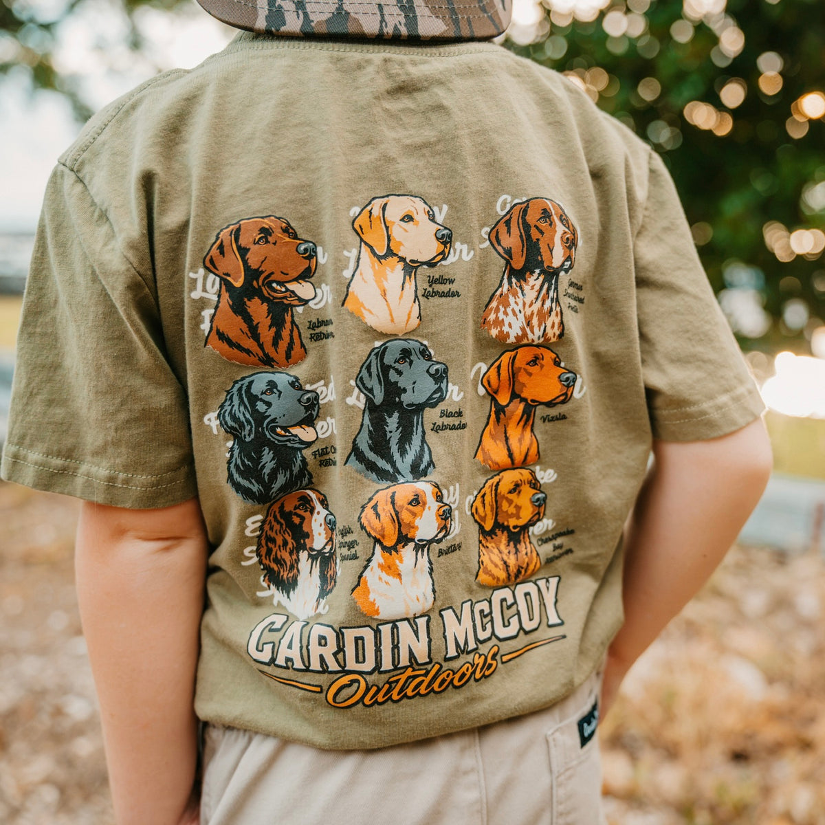 Hunting dog graphics on a child’s outdoor tee
