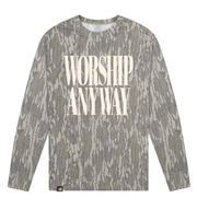 Adult Worship Anyway Mossy Oak Bottomland Washed Out Long-Sleeve Tee