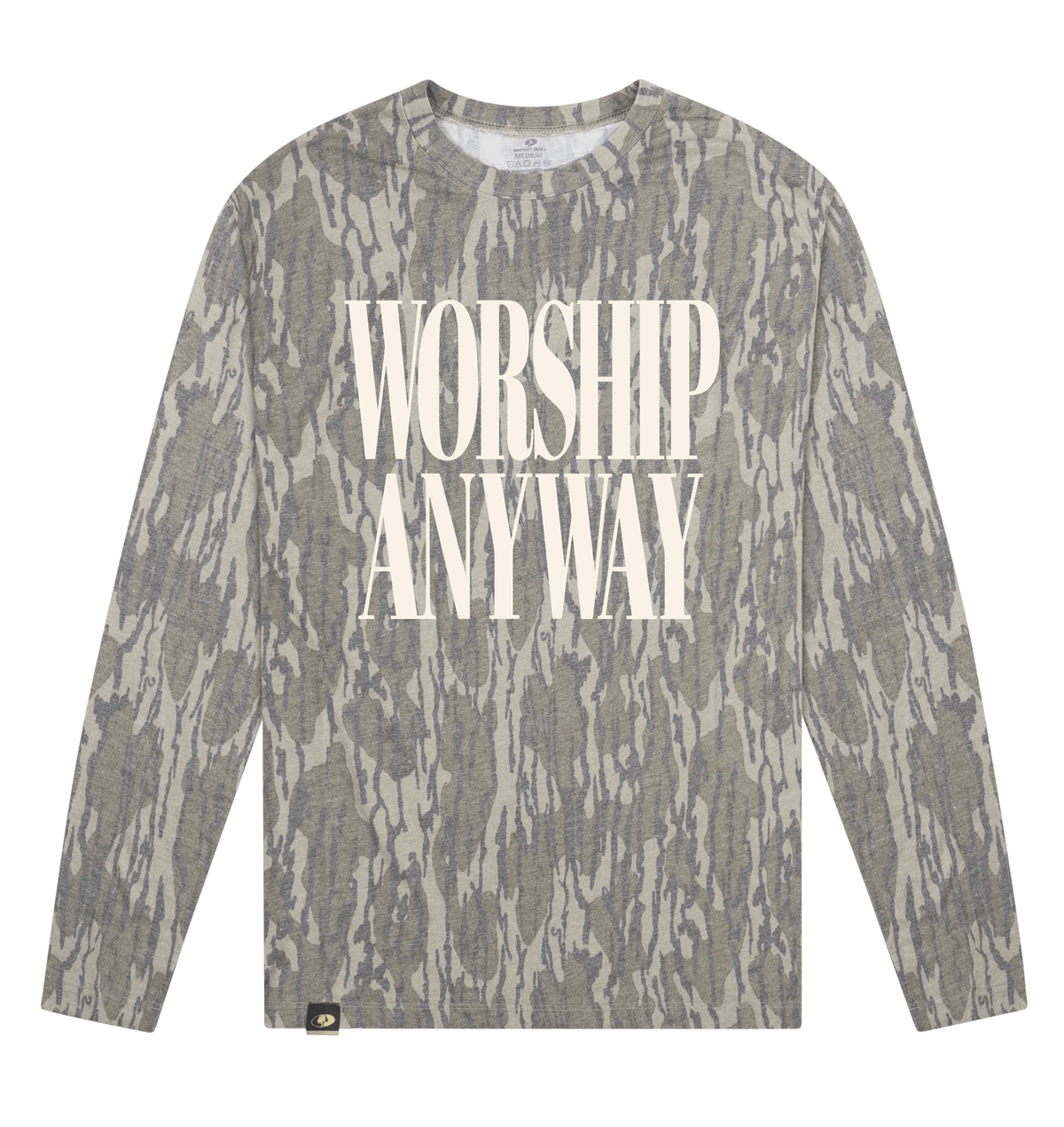 Adult Worship Anyway Mossy Oak Bottomland Washed Out Long-Sleeve Tee