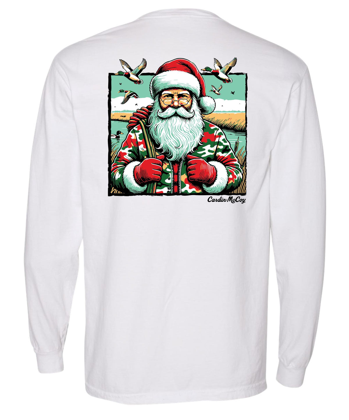 Adult Duck Hunter Santa Long-Sleeve Tee Long Sleeve T-Shirt Comfort Colors White Small Pocket