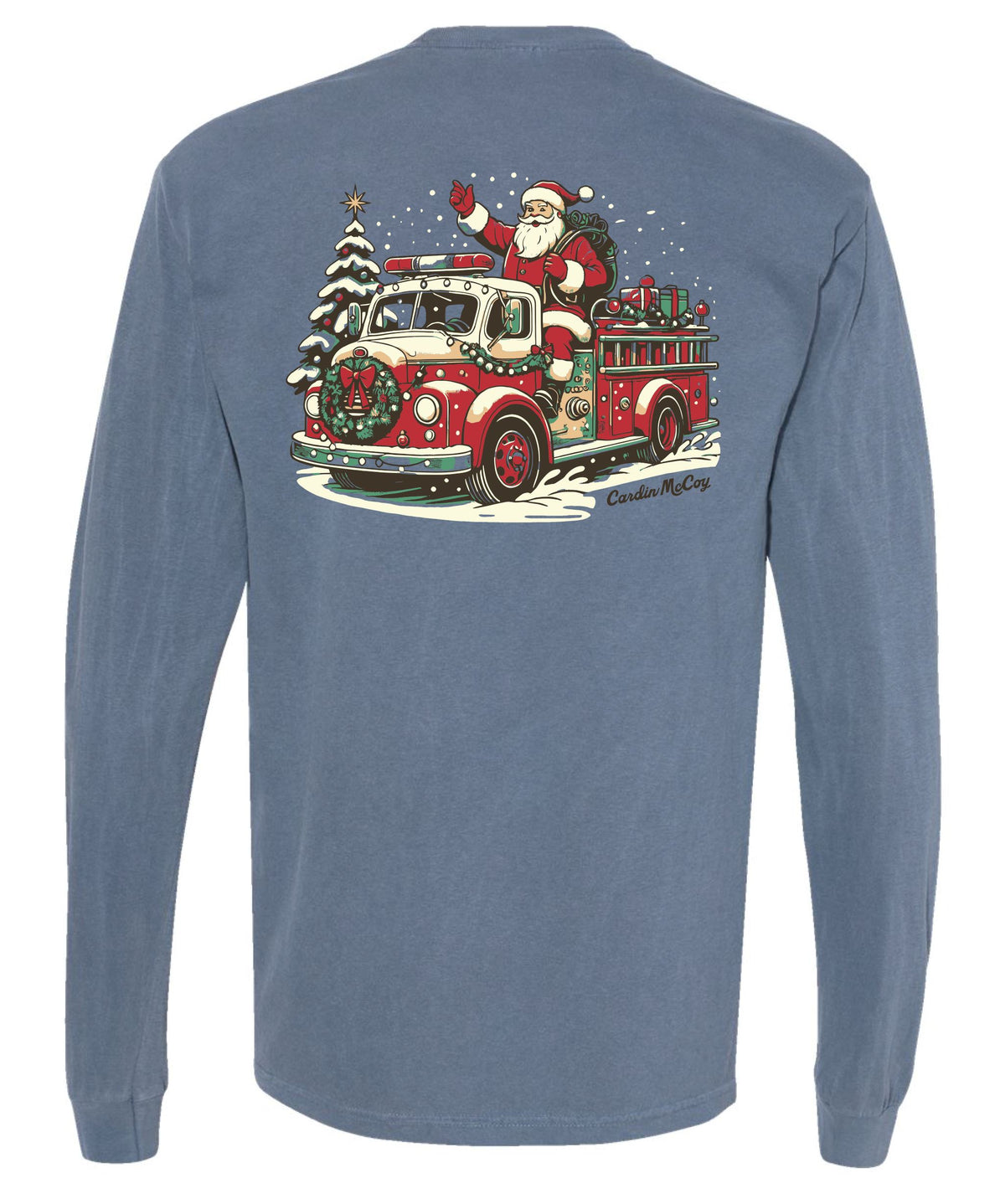 Adult Fire Truck Santa Long-Sleeve Tee Long Sleeve T-Shirt Comfort Colors Blue Jean Small Pocket