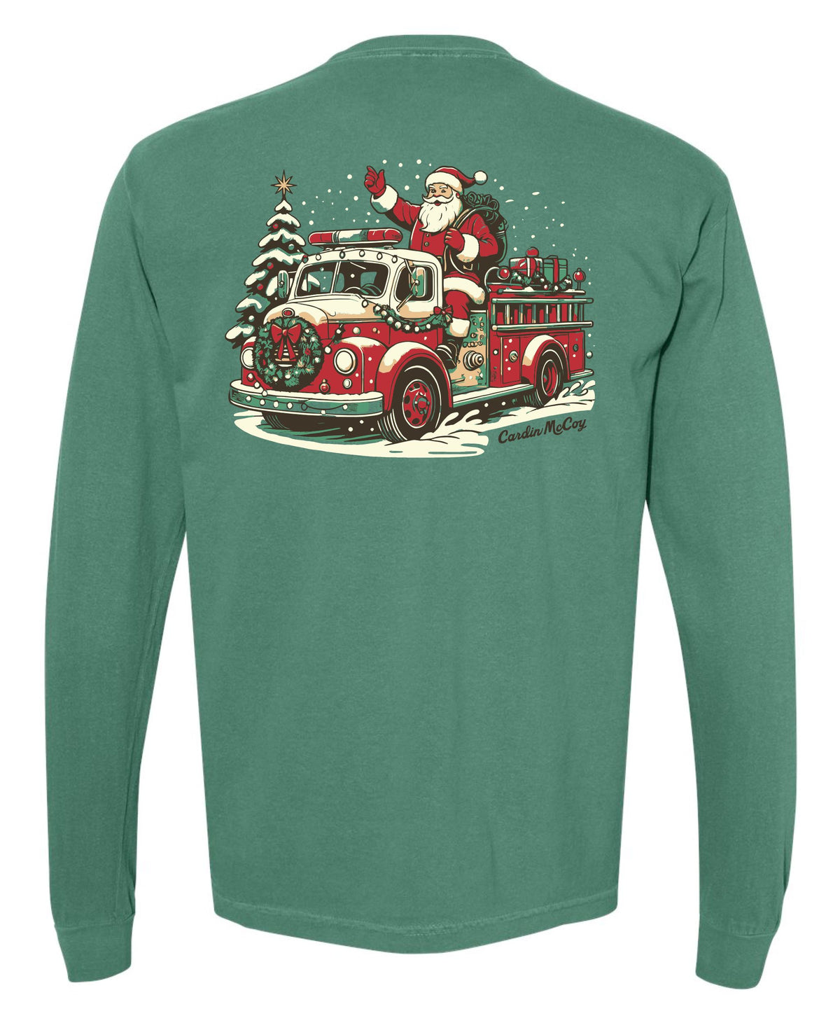 Adult Fire Truck Santa Long-Sleeve Tee Long Sleeve T-Shirt Comfort Colors Light Green Small Pocket