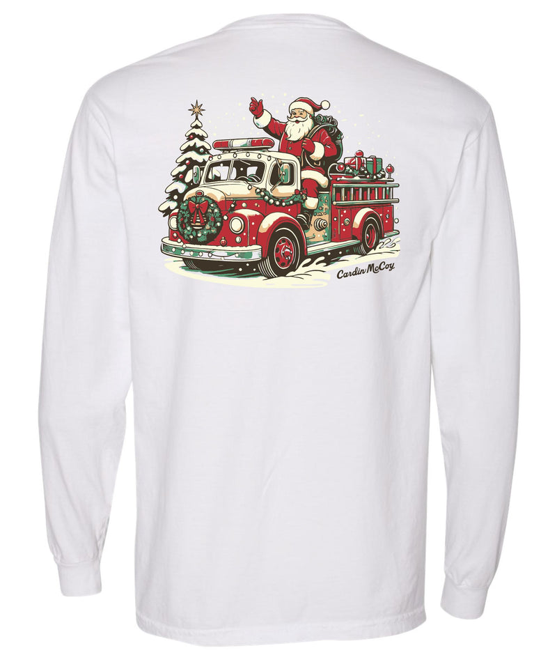 Adult Fire Truck Santa Long-Sleeve Tee Long Sleeve T-Shirt Comfort Colors White Small Pocket