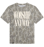 Adult Worship Anyway Mossy Oak Bottomland Washed Out Short-Sleeve Tee Long Sleeve T-Shirt Mossy Oak Original Bottomland Adult Small Front