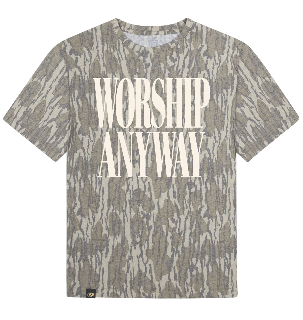 Adult Worship Anyway Mossy Oak Bottomland Washed Out Short-Sleeve Tee Long Sleeve T-Shirt Mossy Oak Original Bottomland Adult Small Front