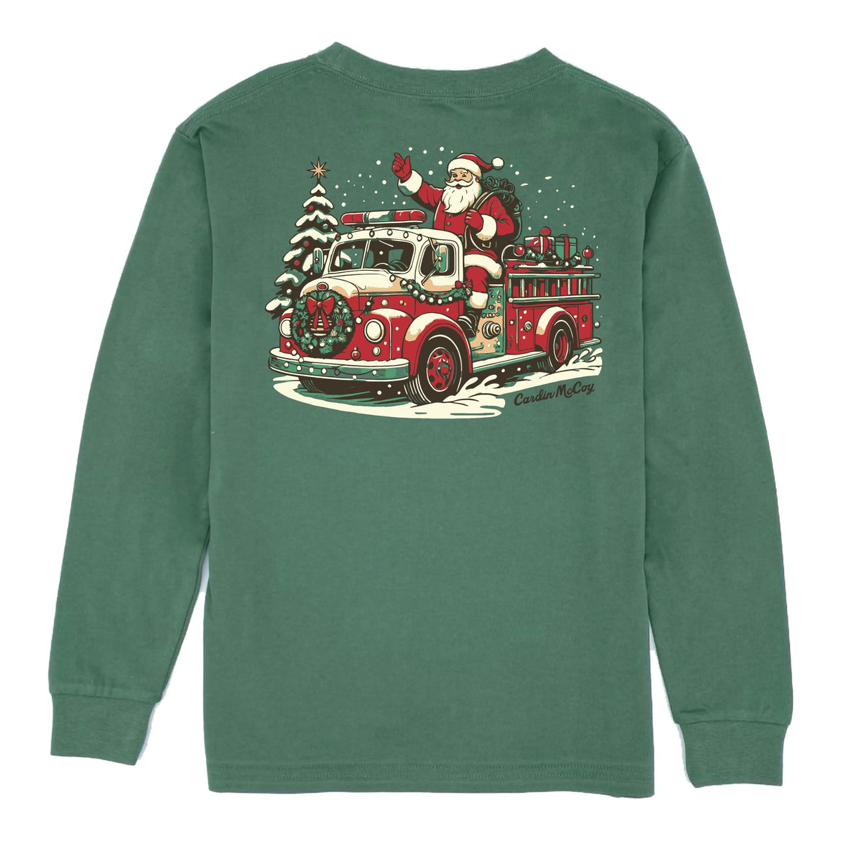 Boys' Fire Truck Santa Long-Sleeve Tee Long Sleeve T-Shirt Cardin McCoy Dark Olive XXS (2/3) Pocket