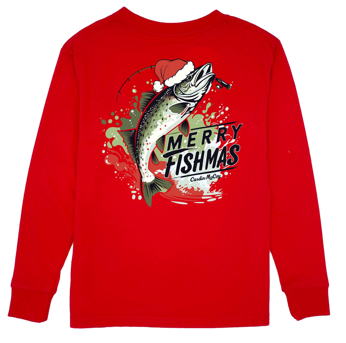 Boys' Merry Fishmas Long-Sleeve Tee Long Sleeve T-Shirt Cardin McCoy Red XXS (2/3) Pocket