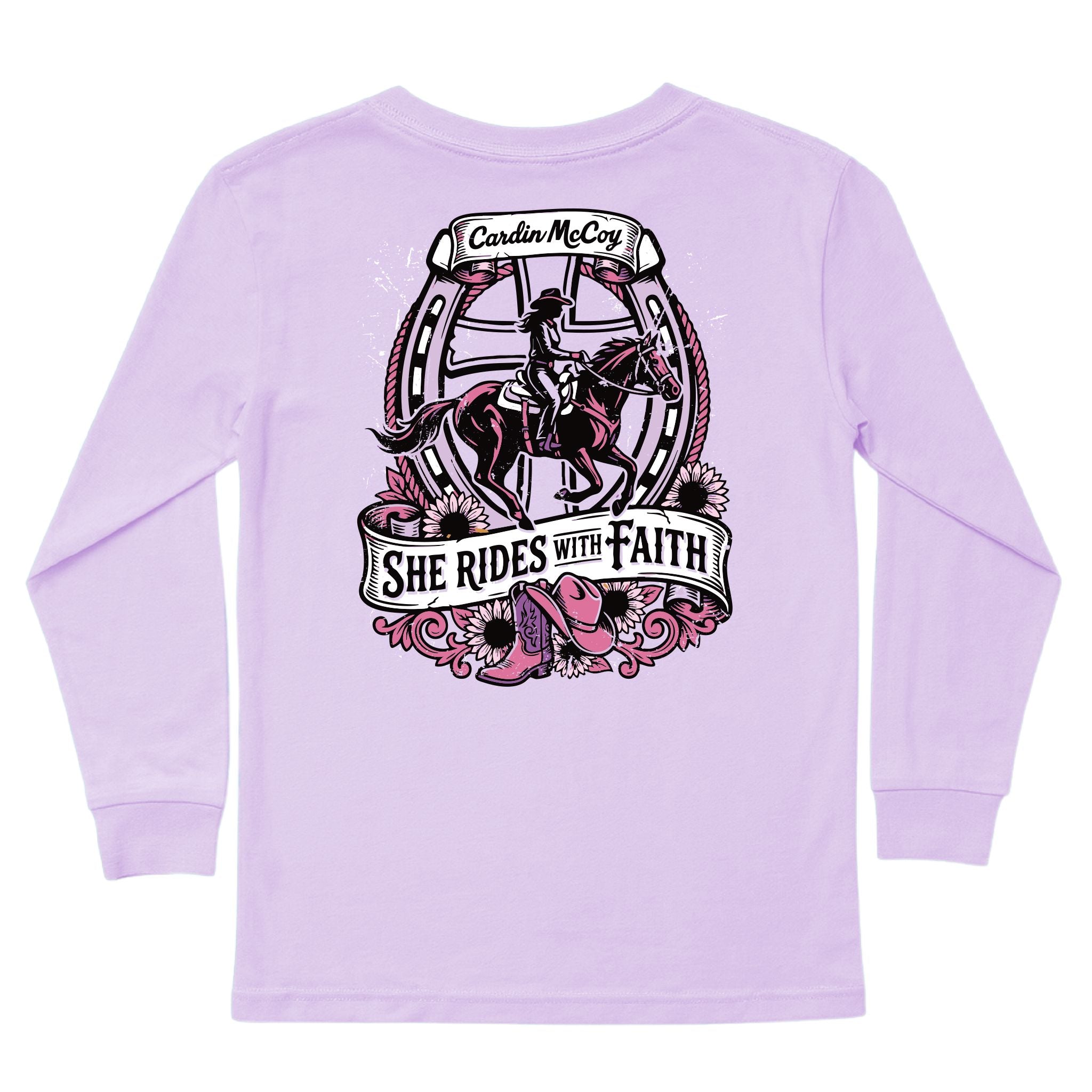 Girls' Rides With Faith Long-Sleeve Tee Long Sleeve T-Shirt Cardin McCoy Lavender XXS (2/3) Pocket