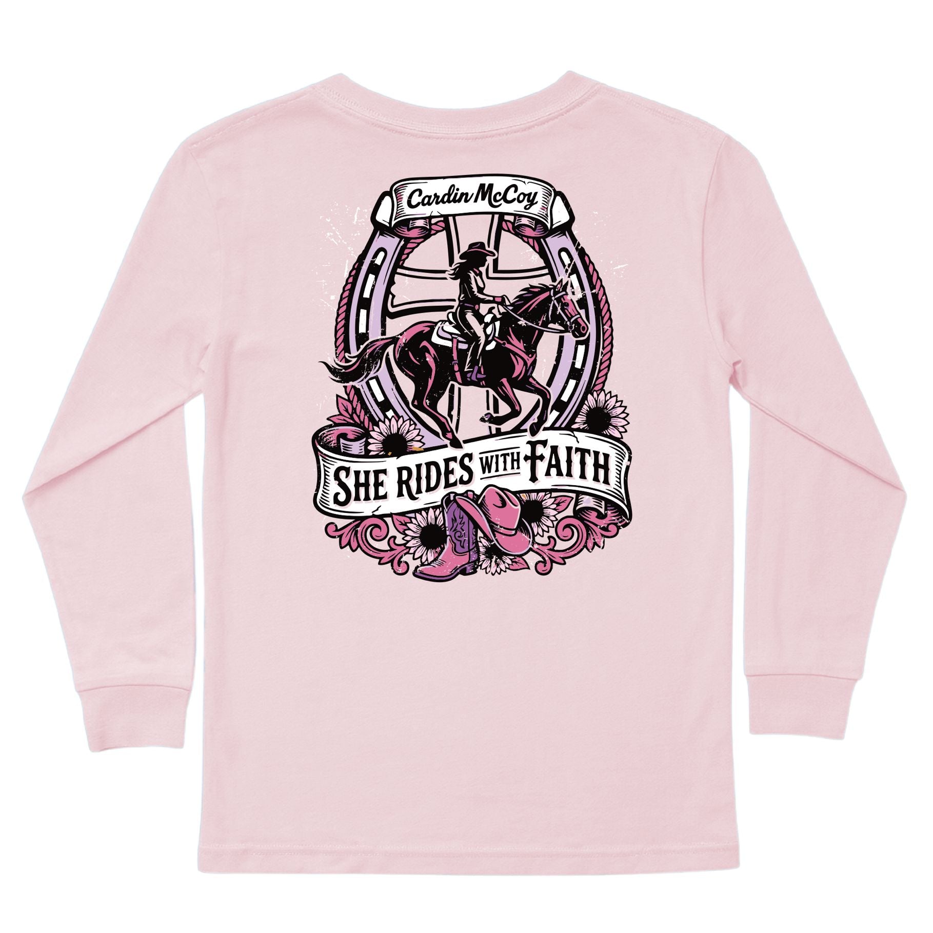 Girls' Rides With Faith Long-Sleeve Tee Long Sleeve T-Shirt Cardin McCoy Light Pink XXS (2/3) Pocket