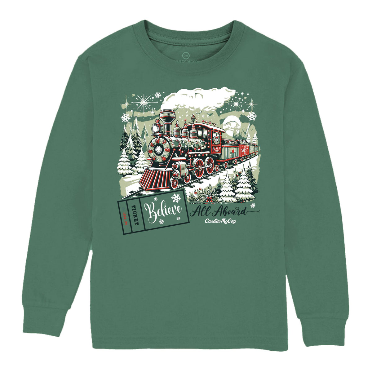 Kids' All Aboard Christmas Train Front Long-Sleeve Tee Long Sleeve T-Shirt Cardin McCoy Dark Olive XXS (2/3) 