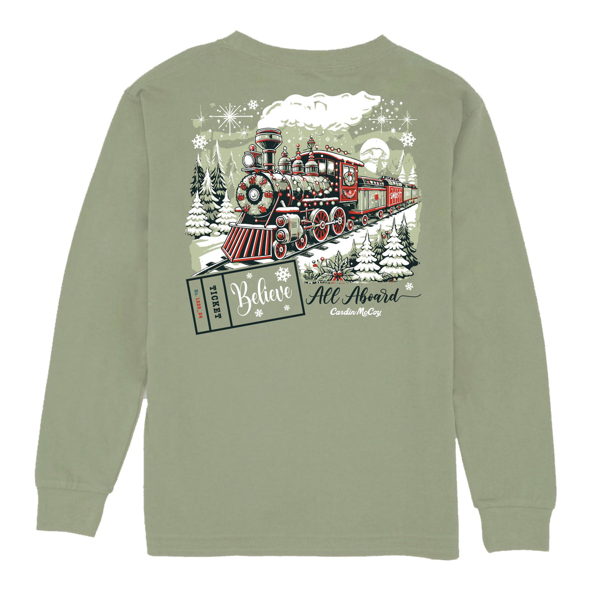 Kids' All Aboard Christmas Train Long-Sleeve Tee Long Sleeve T-Shirt Cardin McCoy Light Olive XXS (2/3) Pocket