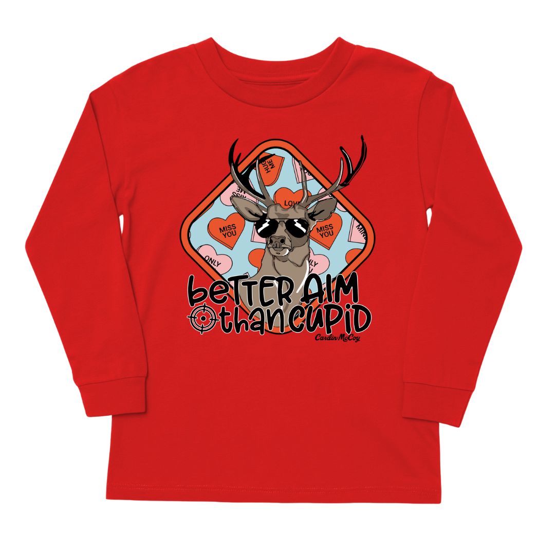 Kids' Better Aim Than Cupid Front Design Long-Sleeve Tee Long Sleeve T-Shirt Cardin McCoy Red XXS (2/3) Front Design
