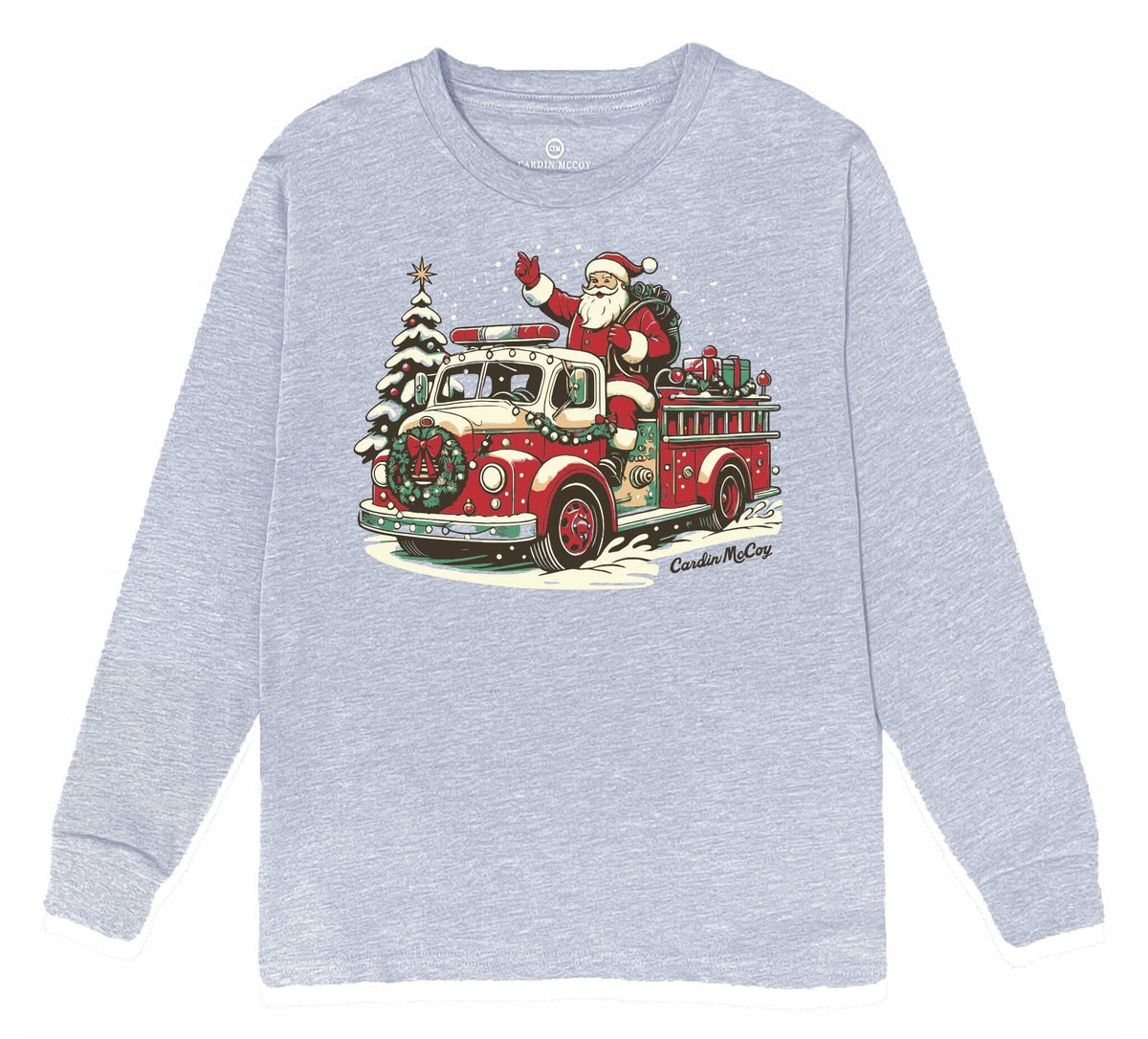 Kids' Fire Truck Santa Front Long-Sleeve Tee Long Sleeve T-Shirt Cardin McCoy Heather Gray XXS (2/3) Front Design
