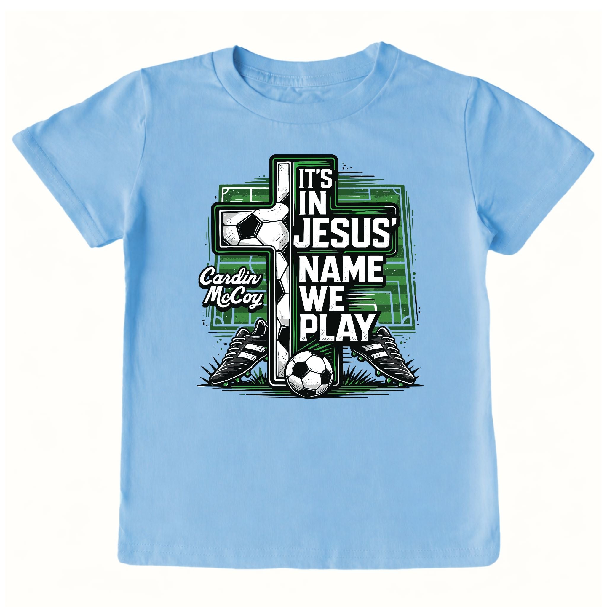 Kids' In Jesus Name Soccer Front Short-Sleeve Tee Short Sleeve T-Shirt Cardin McCoy Light Blue XXS (2/3) Front