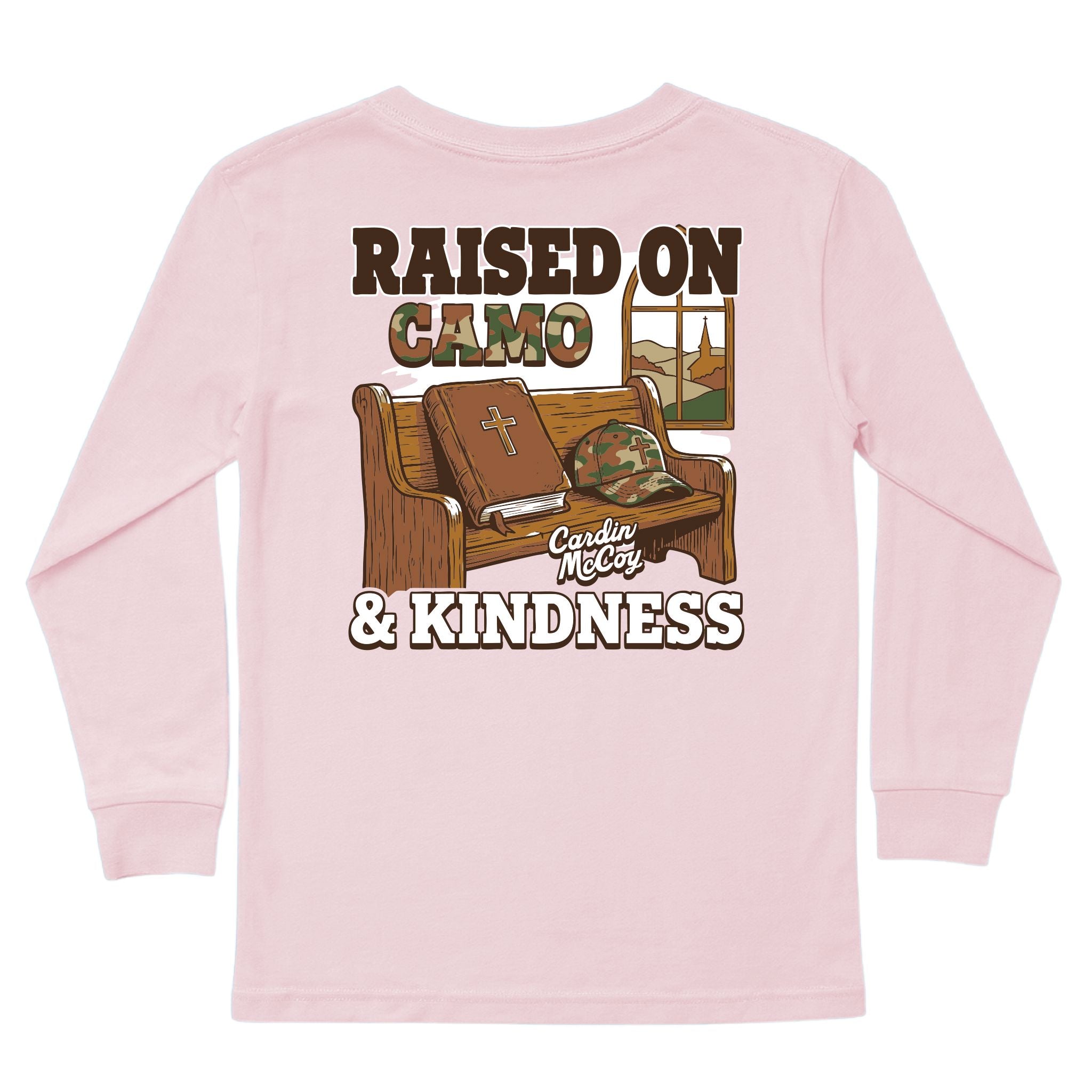Kids' Raised on Camo and Kindness Long-Sleeve Tee Long Sleeve T-Shirt Cardin McCoy Light Pink XXS (2/3) Pocket