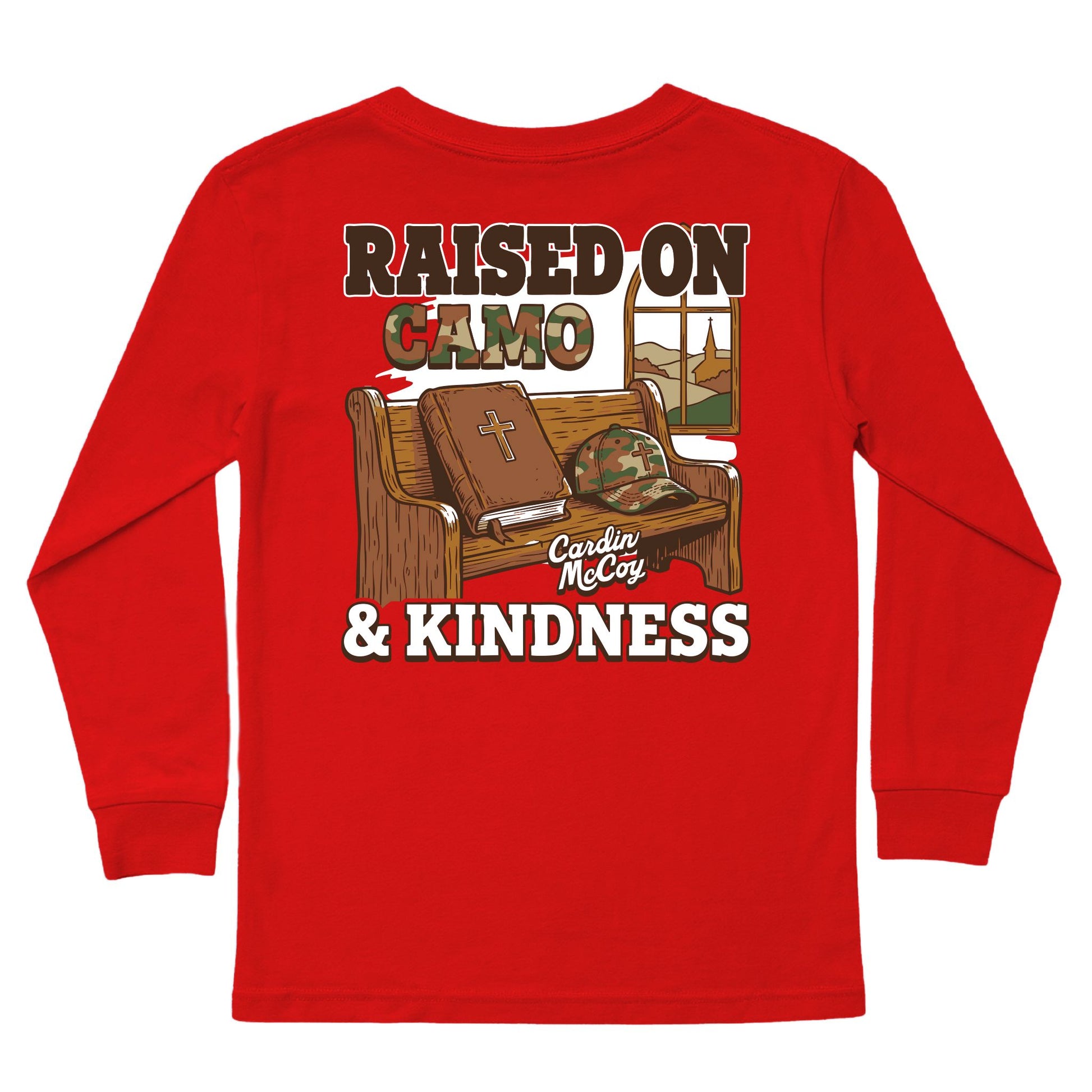 Kids' Raised on Camo and Kindness Long-Sleeve Tee Long Sleeve T-Shirt Cardin McCoy Red XXS (2/3) Pocket