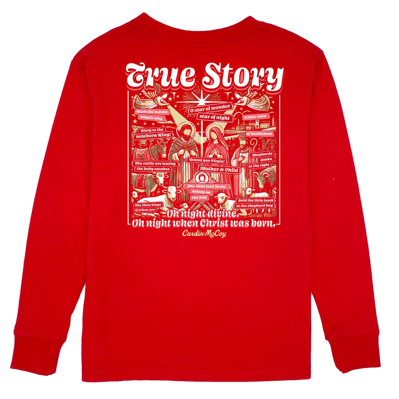 Kids' True Story Nativity Long-Sleeve Tee Long Sleeve T-Shirt Cardin McCoy Red XXS (2/3) Pocket